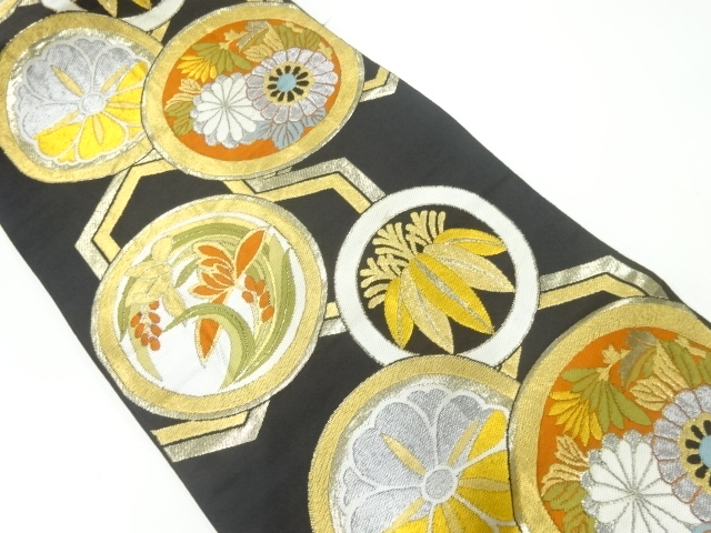 JAPANESE KIMONO / ANTIQUE FUKURO OBI / SILK / WOVEN FLORAL ROUNDEL CREST